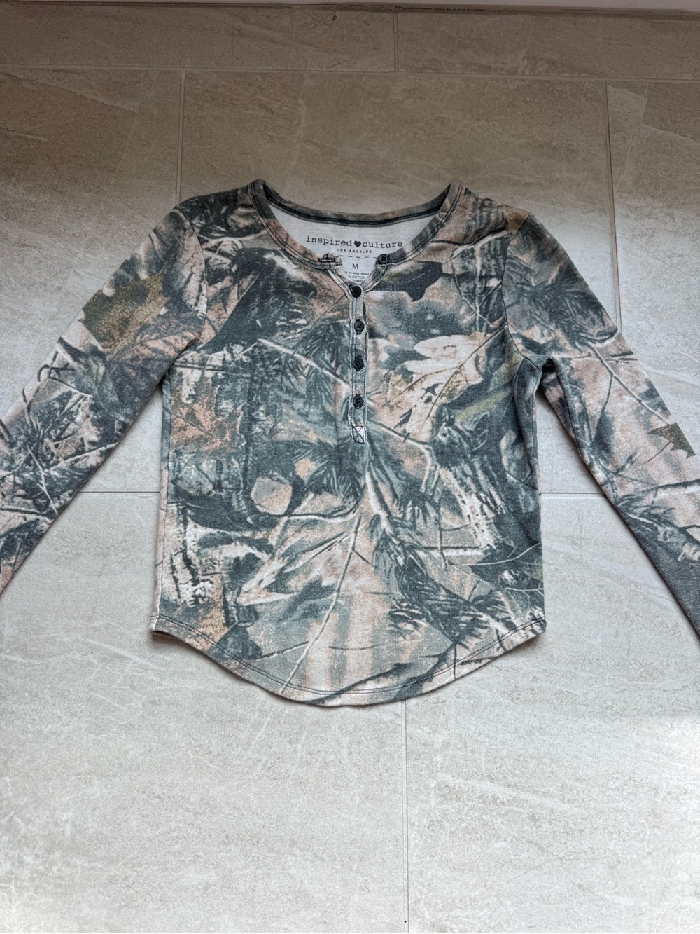 Inspired Culture Henley Camo Long Sleeve Top - Green & Tan